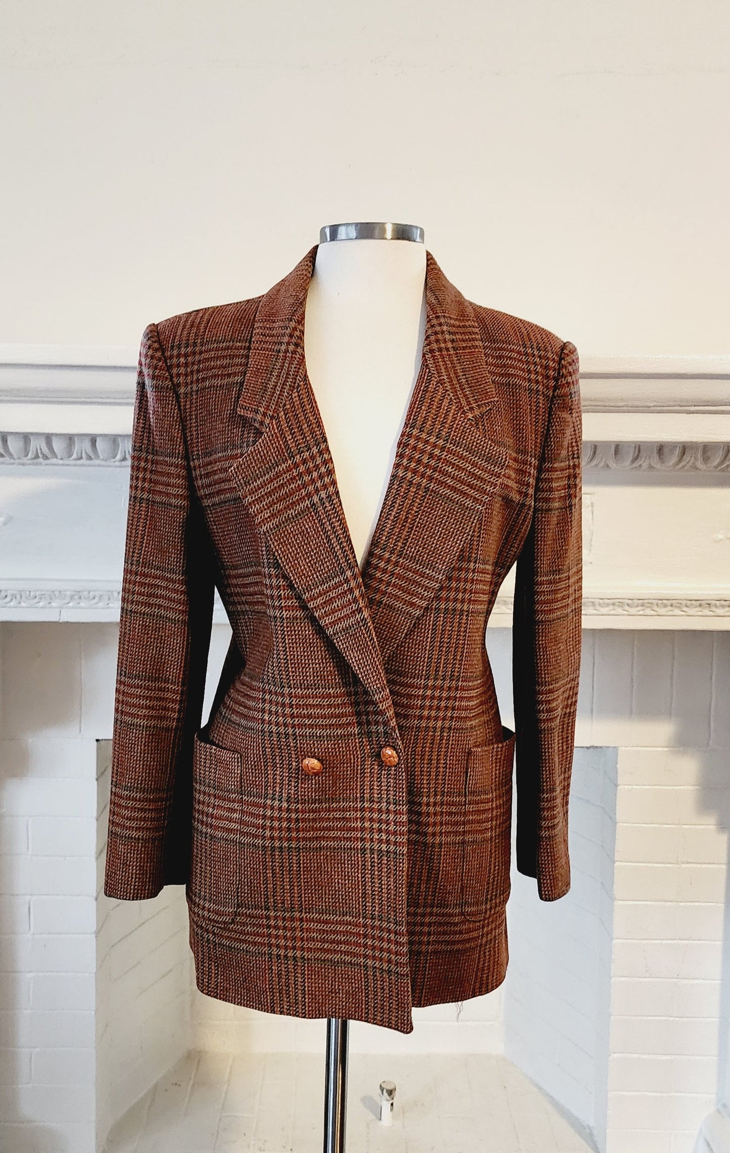 80s Wool Plaid Blazer in Brown Tones by Field Manor S/M