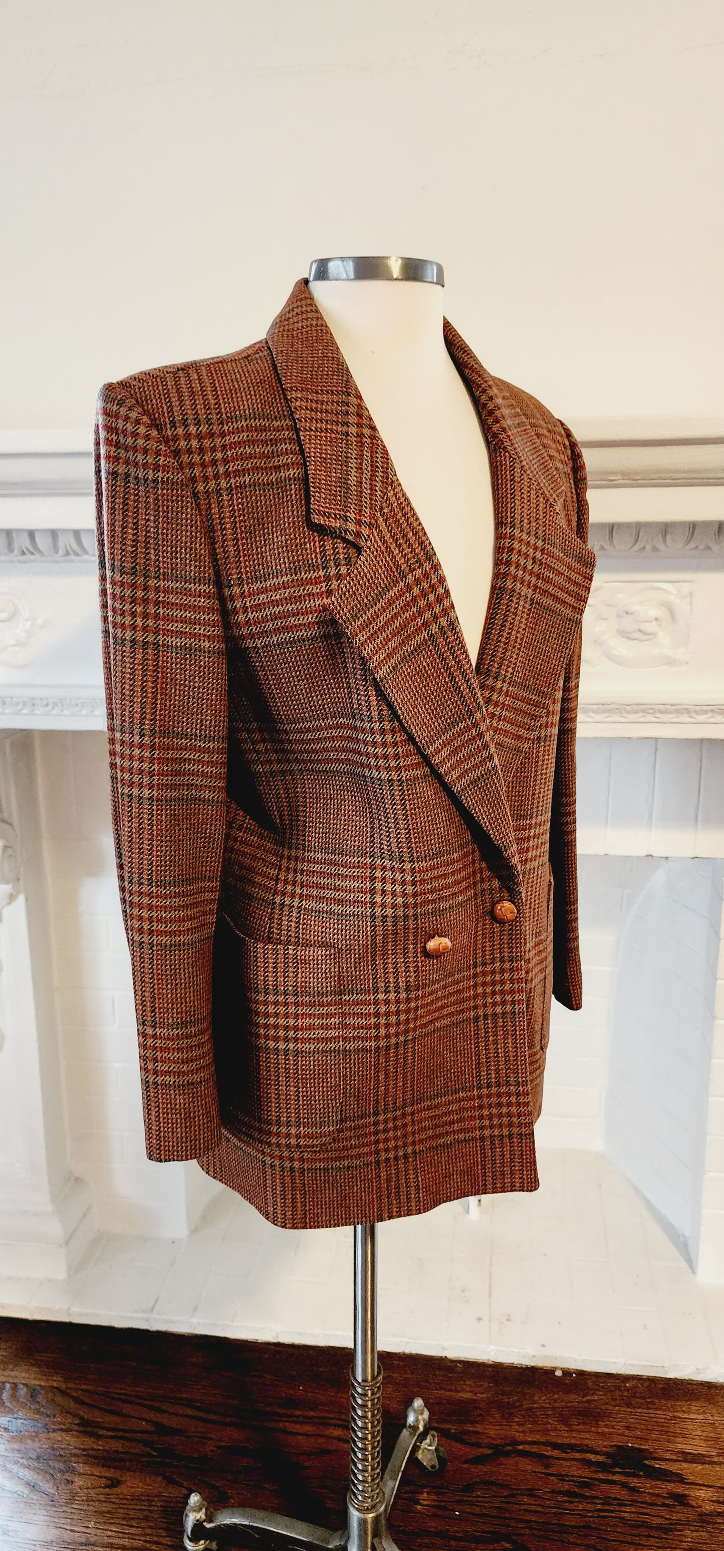 80s Wool Plaid Blazer in Brown Tones by Field Manor S/M