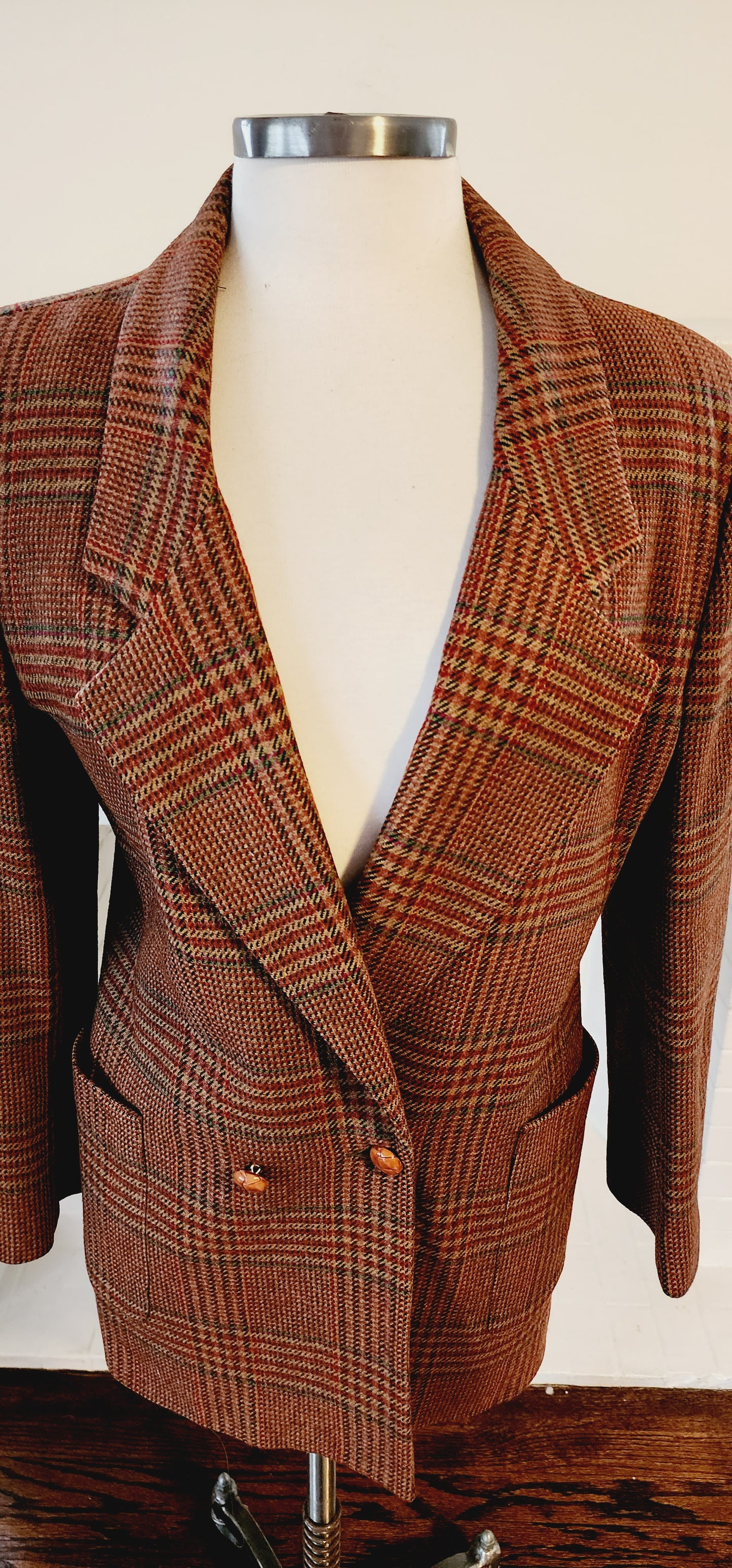 80s Wool Plaid Blazer in Brown Tones by Field Manor S/M
