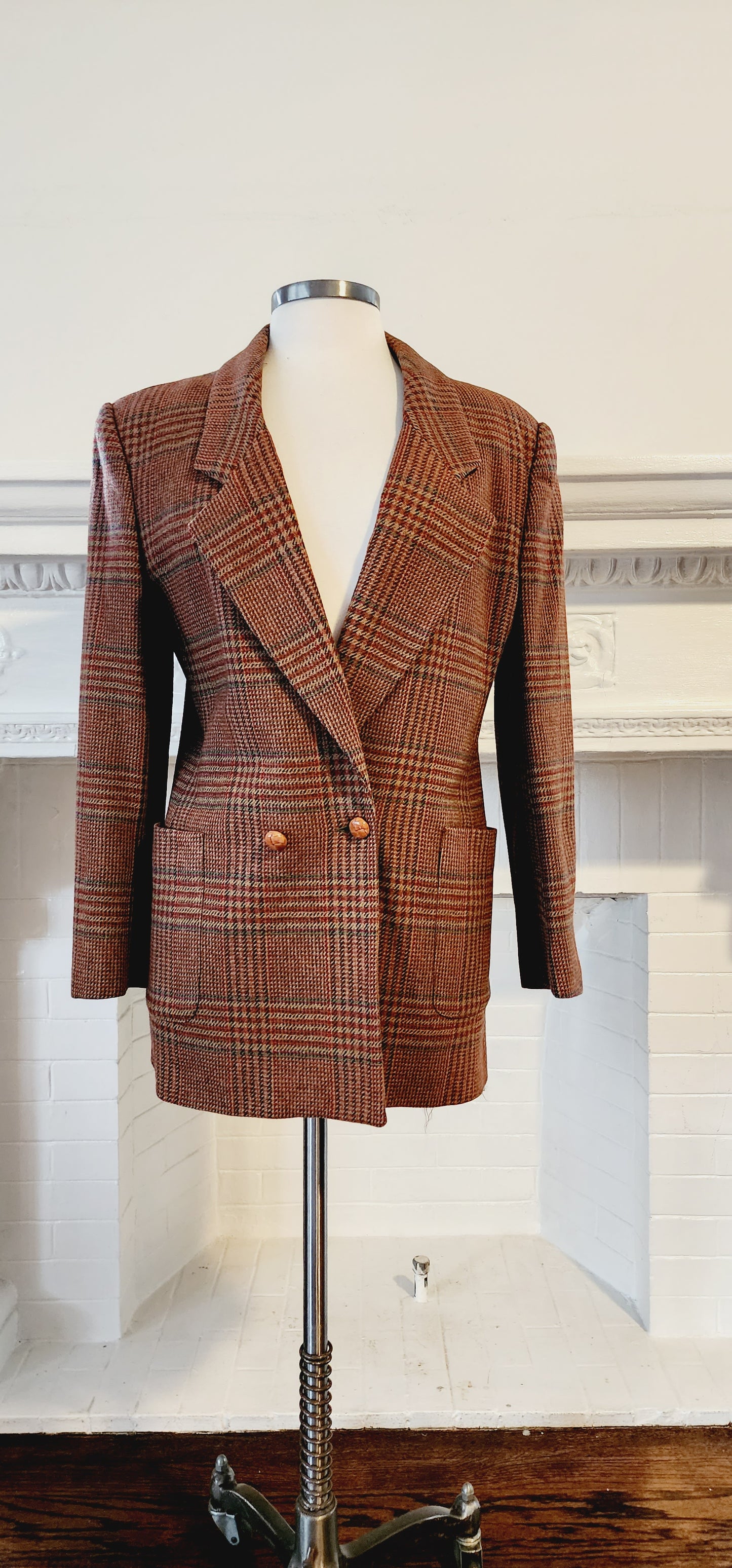 80s Wool Plaid Blazer in Brown Tones by Field Manor S/M