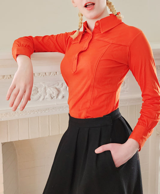 70s Orange Red Long Sleeved Shirt XS w/Large Pointy Collar, By Alexander's