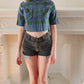 60s Cotton Crop Top in Blue Plaid w/Back Button Closure & Short Sleeves / M