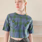 60s Cotton Crop Top in Blue Plaid w/Back Button Closure & Short Sleeves / M