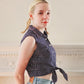 70s Summer Crop Top Button Down / Sleeveless Shirt in Navy Blue w/White Flowers