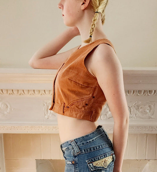 70s Denim Vest / Sleeveless Orange Crop Top by Landlubber NWT