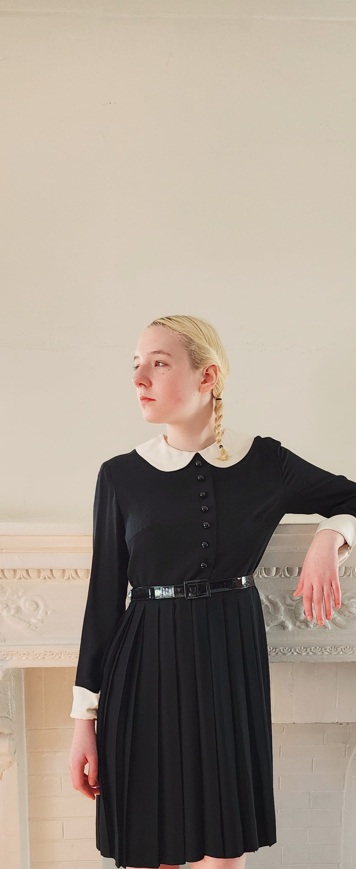 60s Black Mod Dress with White Collar and Cuffs & Pleated Skirt Wednes RareJule Vintage 60s Black Mod Dress with White Collar and Cuffs & Pleated Skirt Wednes RareJule Vintage