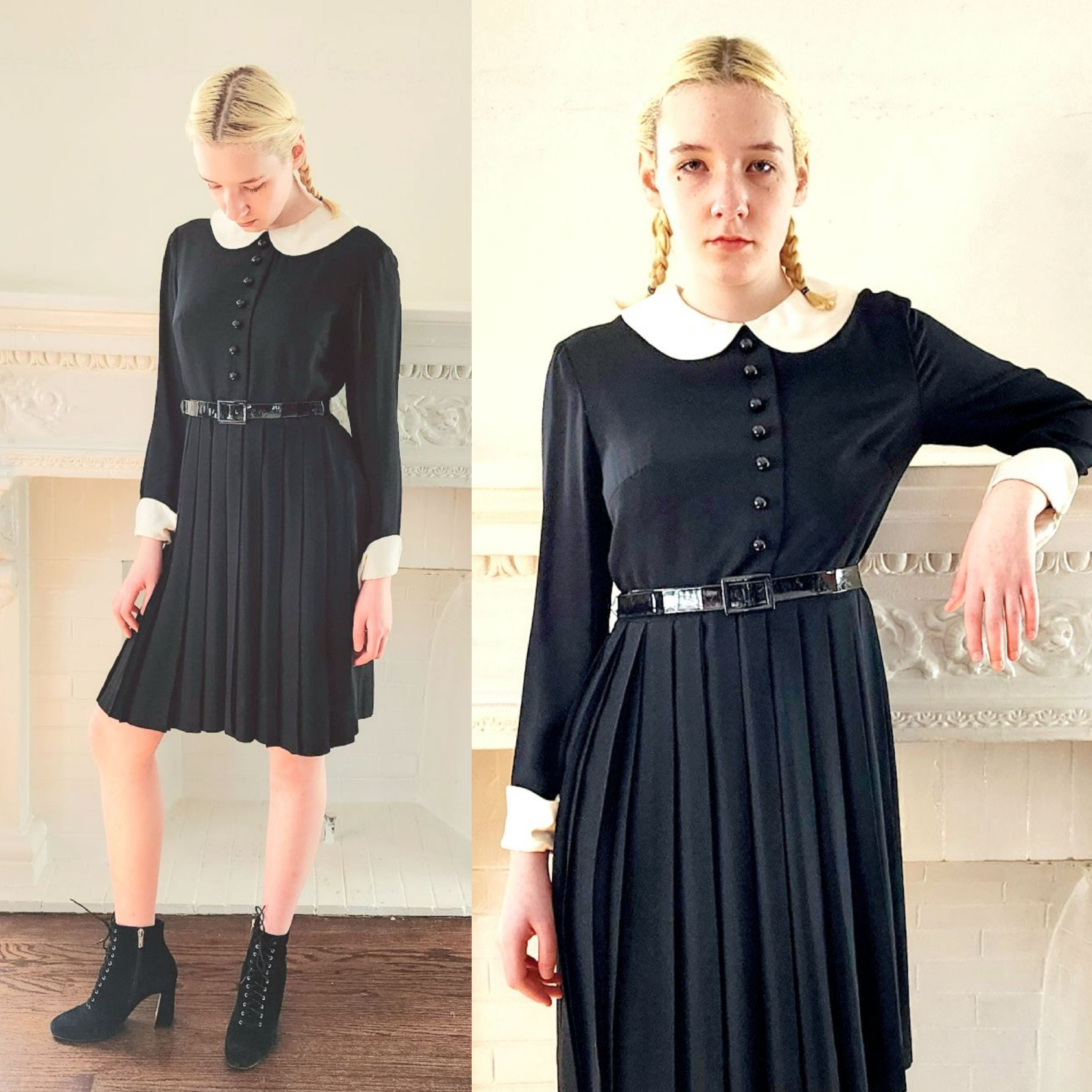 60s Black Mod Dress with White Collar and Cuffs Pleated Skirt Wednes RareJule Vintage