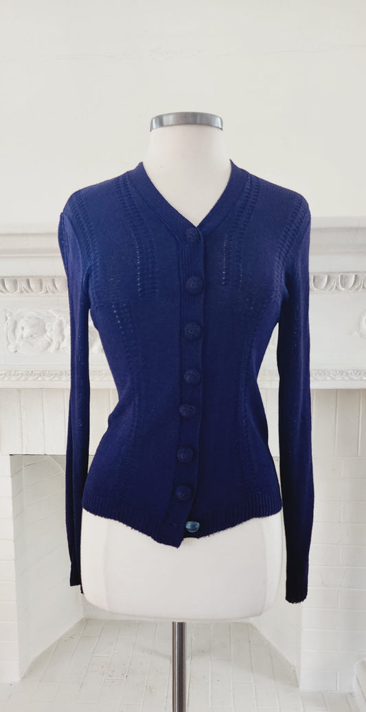 1930s Navy Blue Handknit Cardigan Sunday Night Knits by Marinette / S