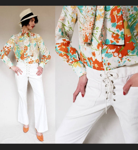 1970s White Denim Pants Corset Lace Bell-Bottoms by Action Man Slacks 30x30 Mens/Unisex