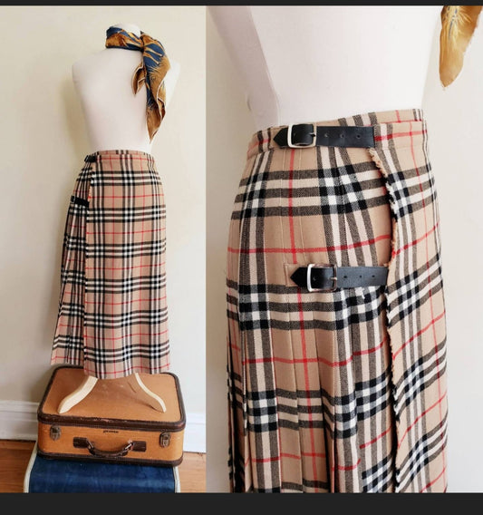 1970s Burberry Skirt Signature Plaid Wrap Around Kilt Archive Beige / 70s Designer British Tartan House Check Pleated Midi Skirt / M