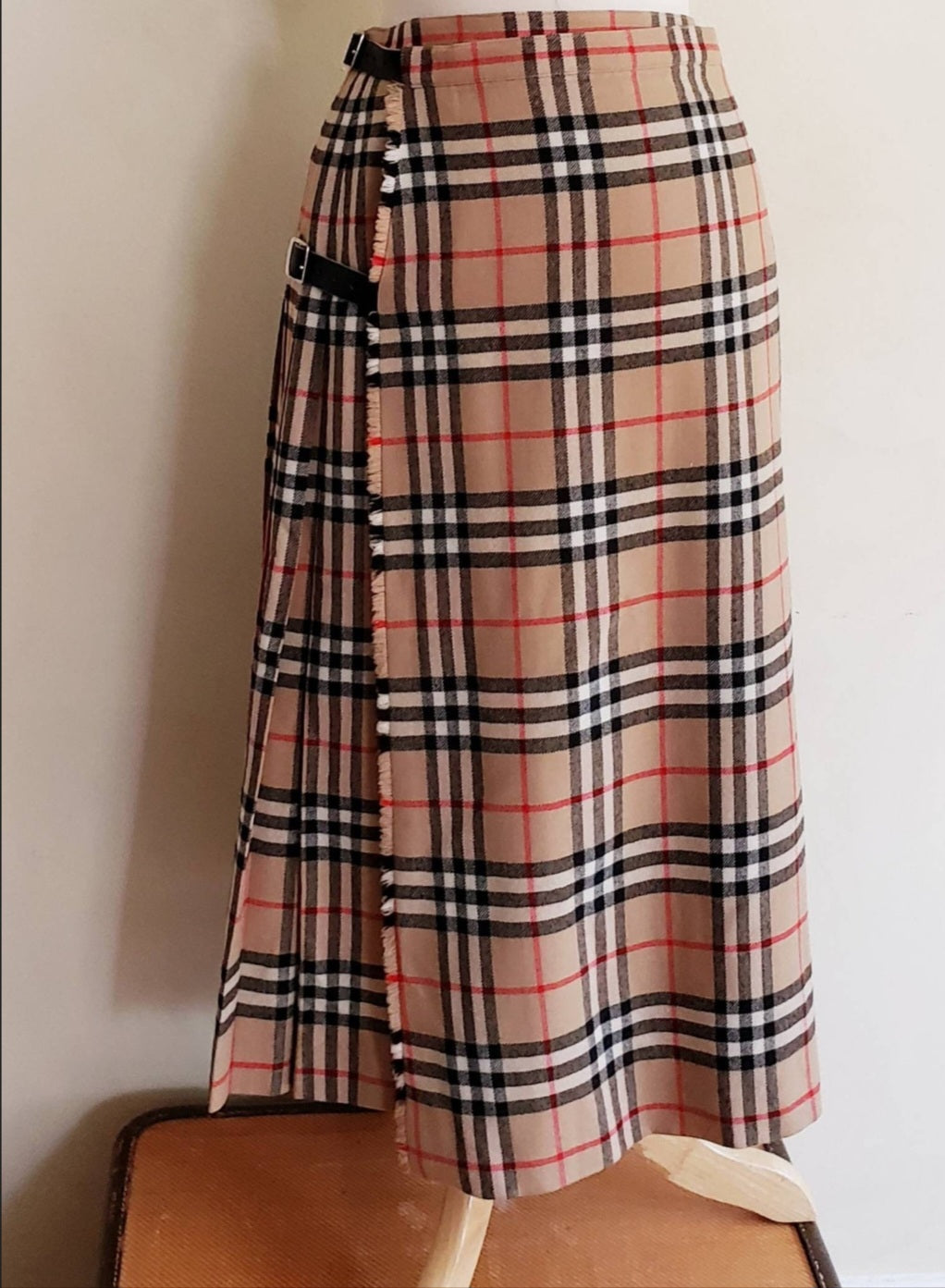 1970s Burberry Skirt Signature Plaid Wrap Around Kilt Archive Beige / 70s Designer British Tartan House Check Pleated Midi Skirt / M