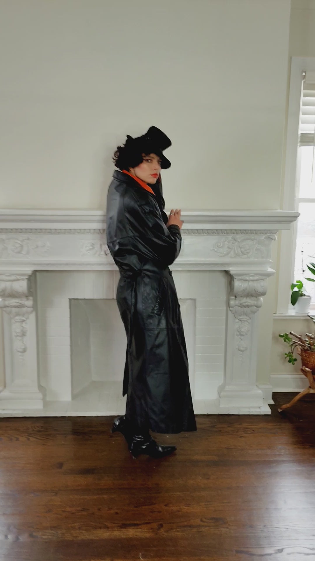 80s Black Leather Coat with Matching Belt Long by Spiegel M