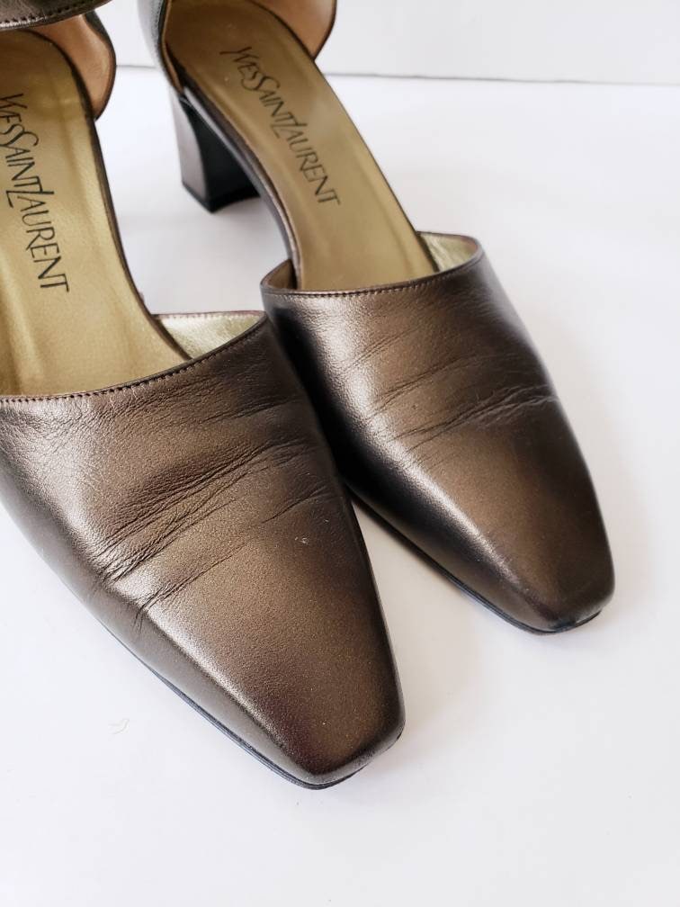 1990s Yves Saint Laurent Metallic Mary Jane Shoes Platinum Bronze