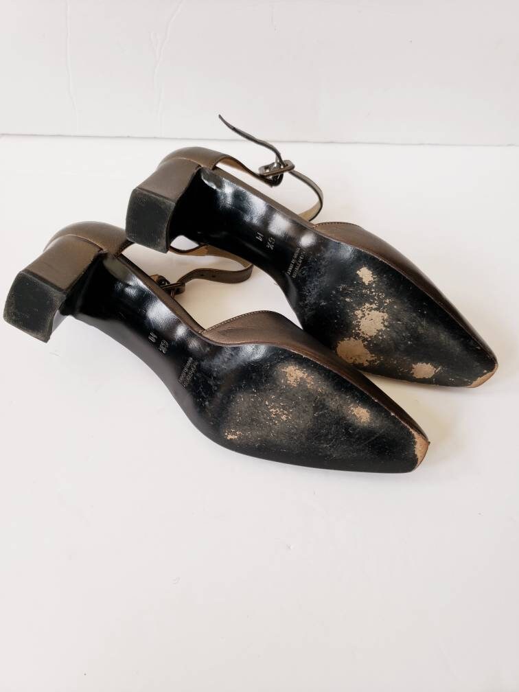1990s Yves Saint Laurent Metallic Mary Jane Shoes Platinum Bronze / 90s Designer YSL Pointy Toe Ankle Strap Shoes / 6.5