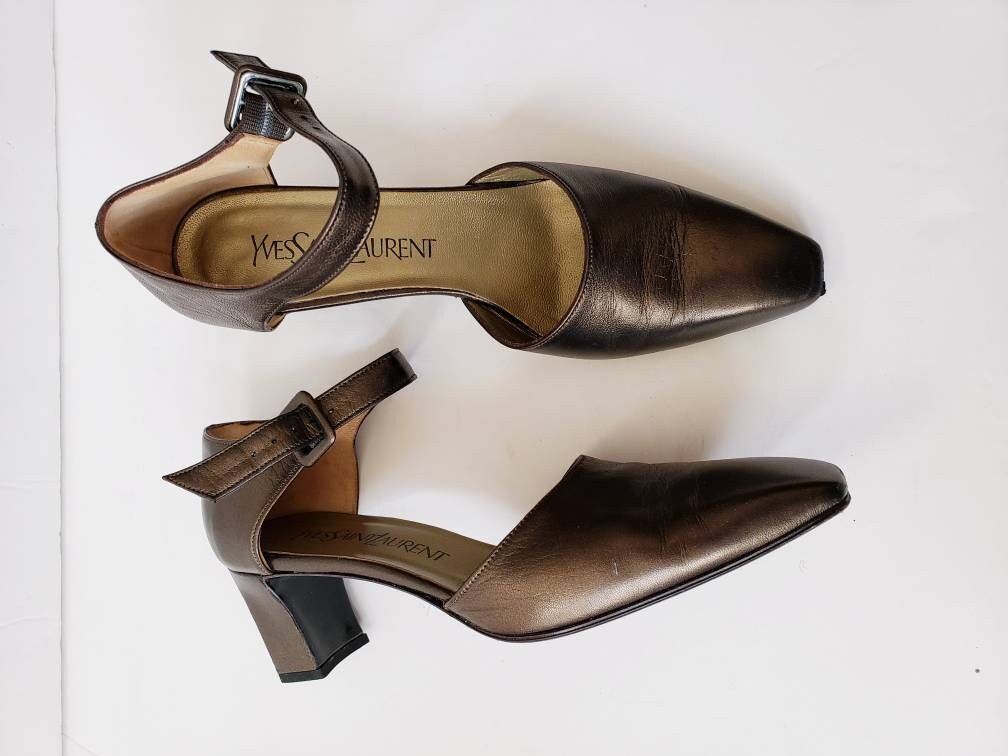 1990s Yves Saint Laurent Metallic Mary Jane Shoes Platinum Bronze