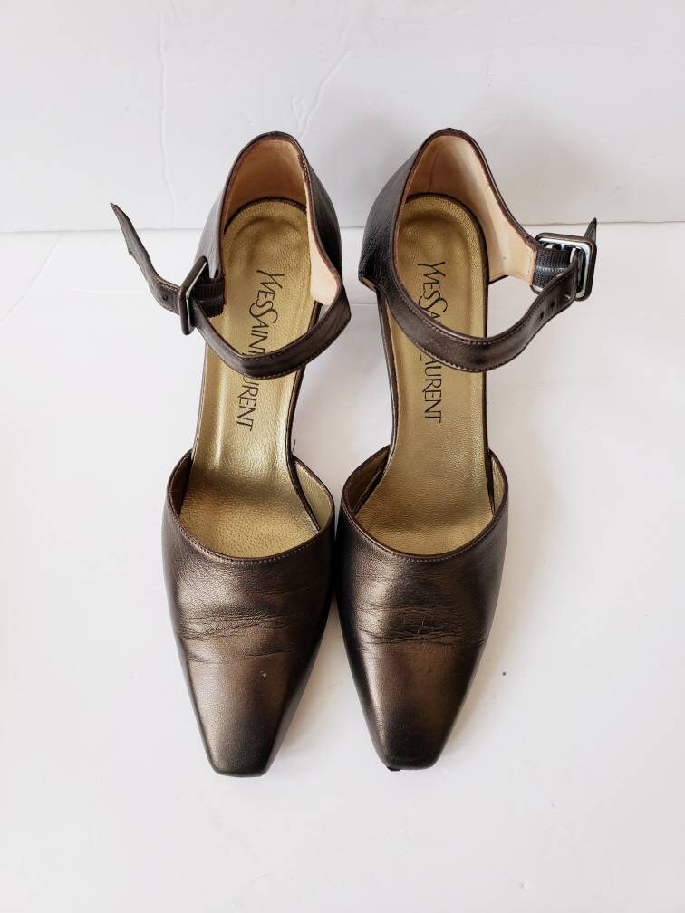 1990s Yves Saint Laurent Metallic Mary Jane Shoes Platinum Bronze