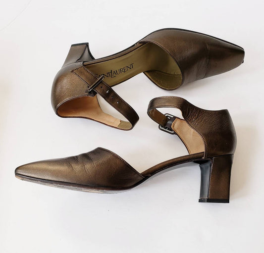 1990s Yves Saint Laurent Metallic Mary Jane Shoes Platinum Bronze / 90s Designer YSL Pointy Toe Ankle Strap Shoes / 6.5