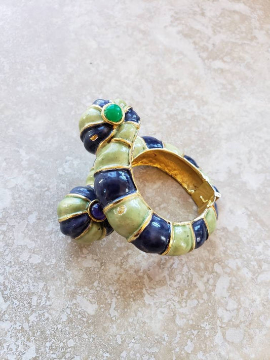 1960s Kenneth Jay Lane Hinged Bracelet Worm Slug Creature / 60s Designer Cuff Blue Green Enamel Fantasy Whimsical Insect Animal / Glaris