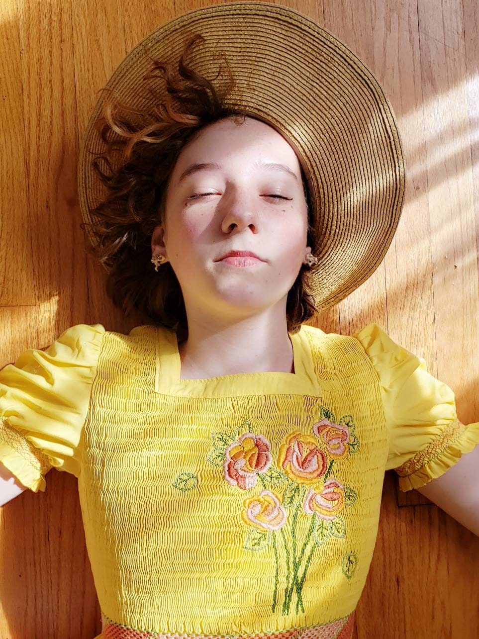 yellow peasant dress 1960s Yellow Peasant Dress Girl's Teen Chinese Rose Brand / 60s Short Puffed Sleeves Dress Embroidery Smocking Cottagecore / Jessika