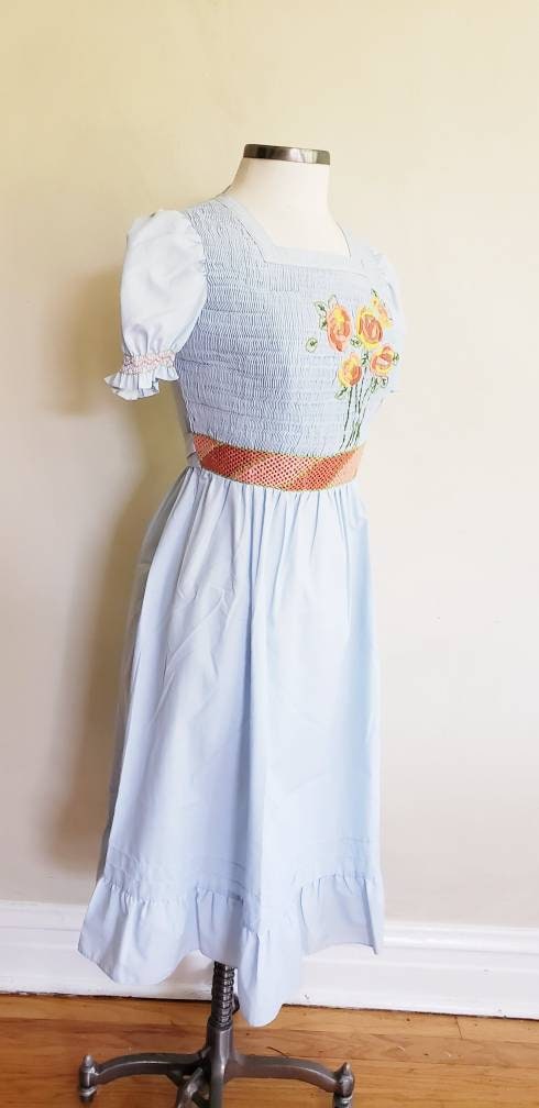 1960s Blue Peasant Dress Girls Teen Chinese Rose Brand / 60s Short Puffed Sleeves Dress Embroidery Smocking Cottagecore / S / June 1960s Blue Peasant Dress Girls Teen Chinese Rose Brand / 60s Short Puffed Sleeves Dress Embroidery Smocking Cottagecore / S / June