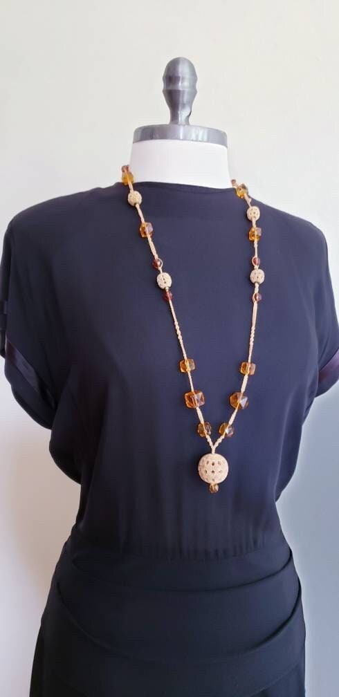 1970s Carved Bone Amber Glass Bead Necklace