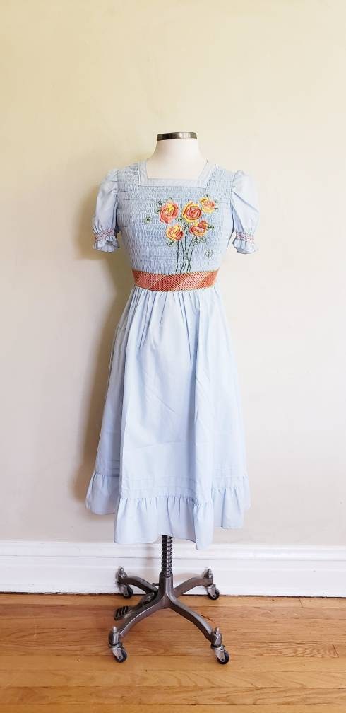 1960s Blue Peasant Dress Girls Teen Chinese Rose Brand / 60s Short Puffed Sleeves Dress Embroidery Smocking Cottagecore / S / June 1960s Blue Peasant Dress Girls Teen Chinese Rose Brand / 60s Short Puffed Sleeves Dress Embroidery Smocking Cottagecore / S / June