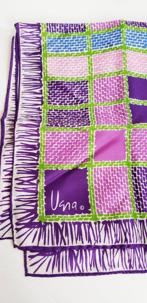 1970s Vera Square Purple Blue Pink Green Checkerboard Square Print / 70s Graphic Print Square Head Kerchief Designer / Ethyl