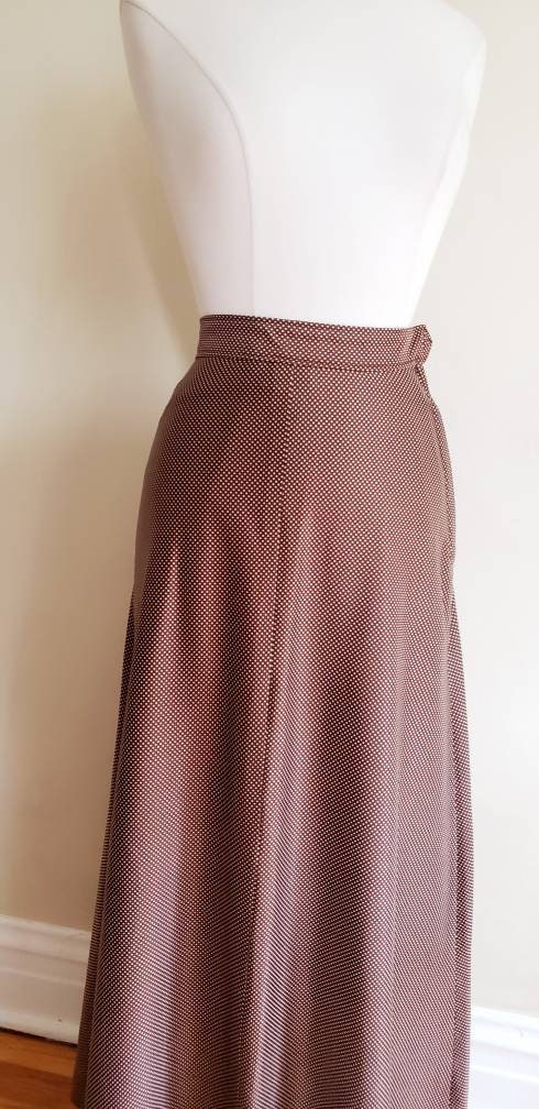 1970s Brown Maxi Skirt White Microdot Pattern/ 70s High Waisted Polka Dot Print Long A Line Skirt / S / Maura