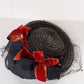 1940s Black Straw Hat Velvet Red Navy Blue Ribbon & Veil / 40s Summer Spring Cocktail Hat with Bows Netting /Marceline