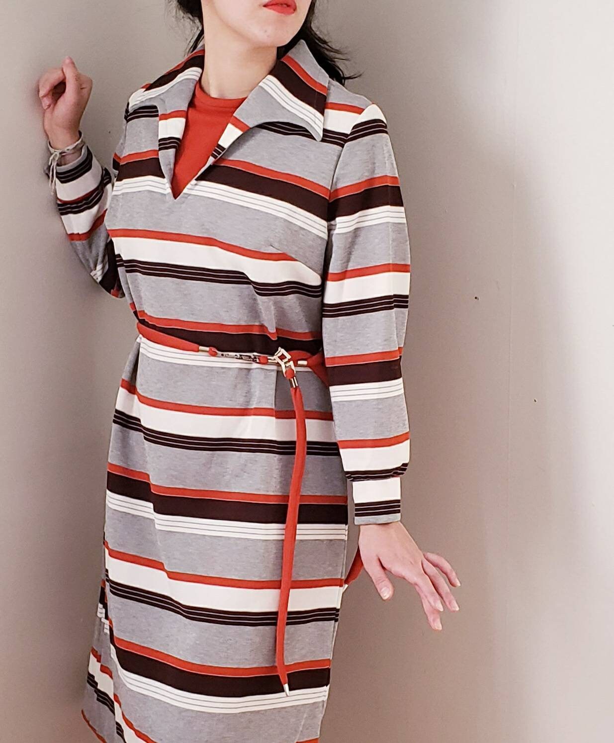 1970s Striped Day Dress Long Sleeved / 70s Belted Dress Gray Red Black Poly Bold Print / L / Daniela