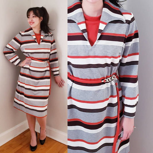 1970s Striped Day Dress Long Sleeved / 70s Belted Dress Gray Red Black Poly Bold Print / L / Daniela