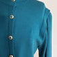 1980s Blue St John Knit Dress Long Sleeves / 80s Designer Button Down Aquamarine Knit Dress Gold Buttons Elastic Waist / M / Veronique