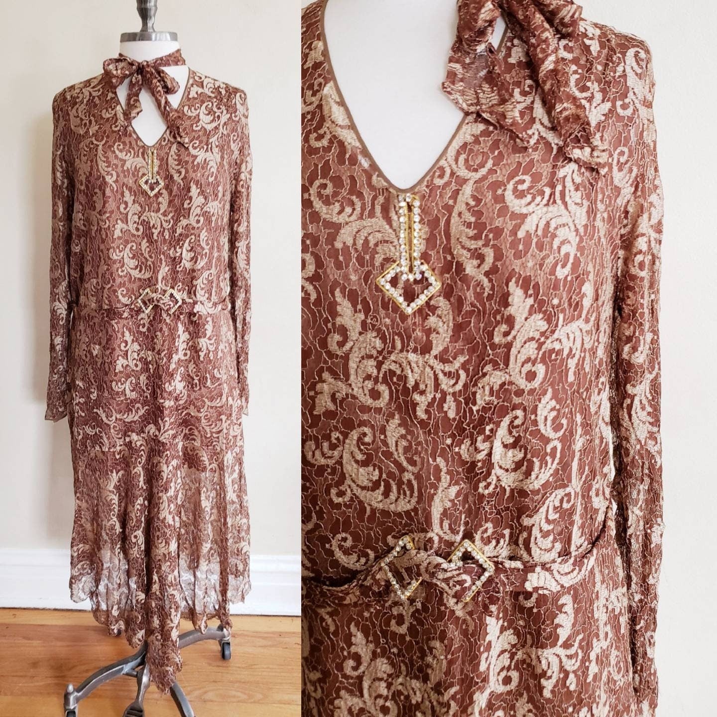 1920s Brown Lace Dress Long Sleeves / 20s Brown Beige Drop Waist Dress Gold Rhinestone Buckle Belt / Med / Rosamund / AS IS