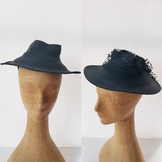 1930s Black Straw Cocktail Hat with Netting / 30s Millinery Woven Weave Lattice Design at Rear / Maelle