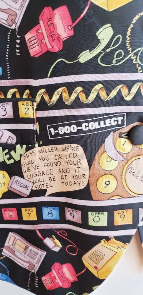 1990s Nicole Miller Silkprint Vest Telephones Text Messages Calls Calling Whimsical / 90s Designer Colorful Novelty Vest / L
