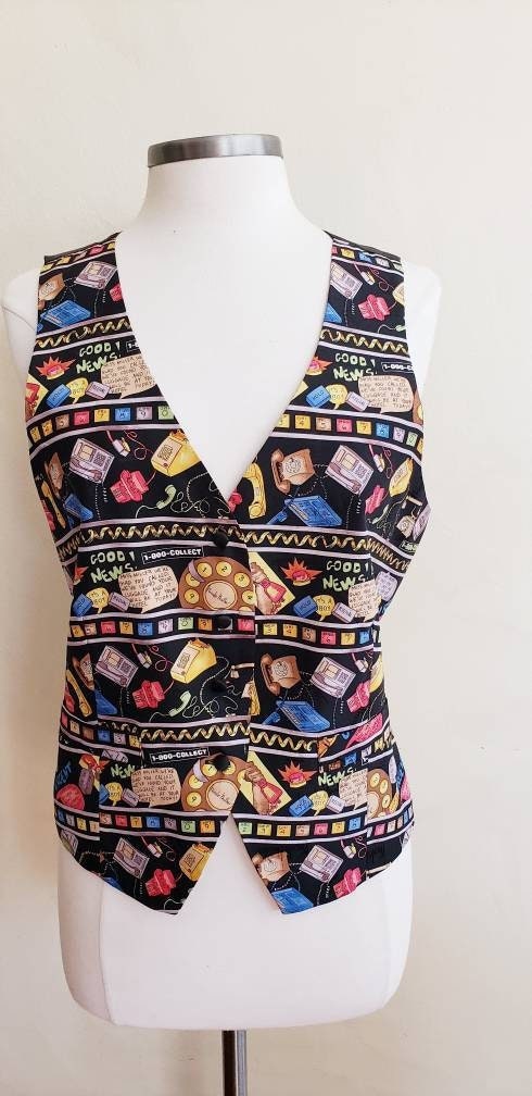 1990s Nicole Miller Silkprint Vest Telephones Text Messages Calls Calling Whimsical / 90s Designer Colorful Novelty Vest / L
