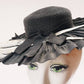 1930s Black Pleated Cocktail Hat Wide Brim with White Feathers / 30s Cocktail Hat Angela Oak Park / Kata