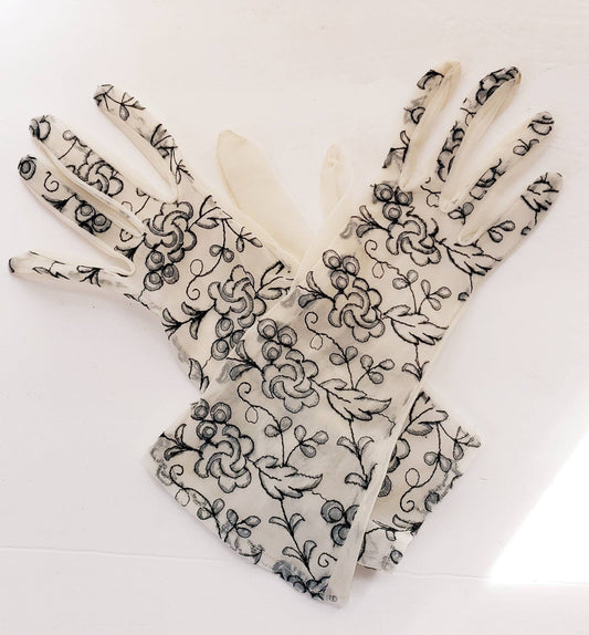 1950s Gloves Sheer Beige Black Floral Embroidery / 50s Ladies Evening Gloves Mid Length Dressy Party Romantic Girly Frilly / Pola