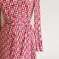 1970s Red White Graphic Print Long Sleeved Dress / 70s Shirtdress with White Chain Polkadot Pattern Jersey / Med / Atia