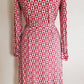 1970s Red White Graphic Print Long Sleeved Dress / 70s Shirtdress with White Chain Polkadot Pattern Jersey / Med / Atia