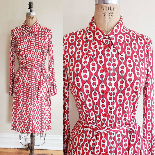 1970s Red White Graphic Print Long Sleeved Dress / 70s Shirtdress with White Chain Polkadot Pattern Jersey / Med / Atia