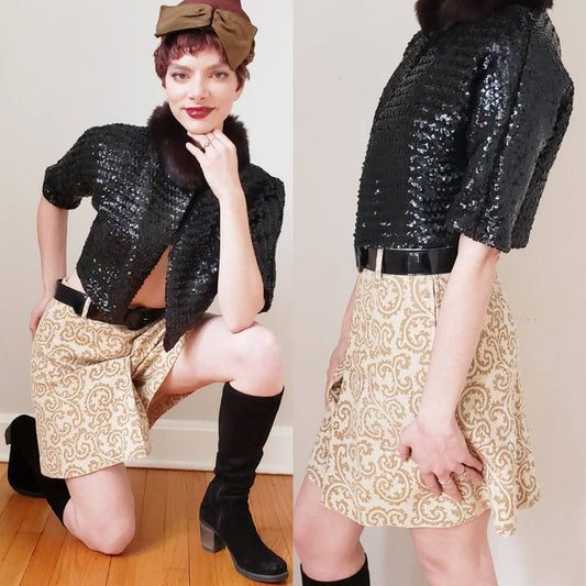 1960s Skort Brown Cream Paisley Pattern / 60s Shorts Skirt Combo High Waisted Four Corners / S