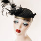 1930s Black Embroidered Cocktail Hat with Asymmetrical Black Feathers / 30s Avant Garde Modernist Evening Hat / Adalene