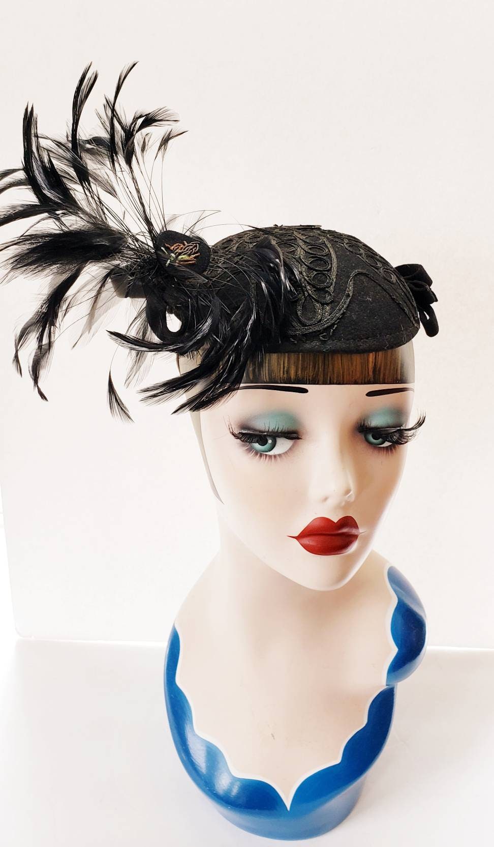 1930s Black Embroidered Cocktail Hat with Asymmetrical Black Feathers / 30s Avant Garde Modernist Evening Hat / Adalene