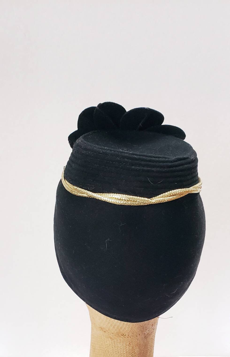 1930s Black Wool Toque Gold Braiding / 30s Art Deco Soft Evening Cocktail Dressy Hat / Erta