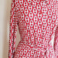 1970s Red White Graphic Print Long Sleeved Dress / 70s Shirtdress with White Chain Polkadot Pattern Jersey / Med / Atia