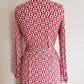 1970s Red White Graphic Print Long Sleeved Dress / 70s Shirtdress with White Chain Polkadot Pattern Jersey / Med / Atia