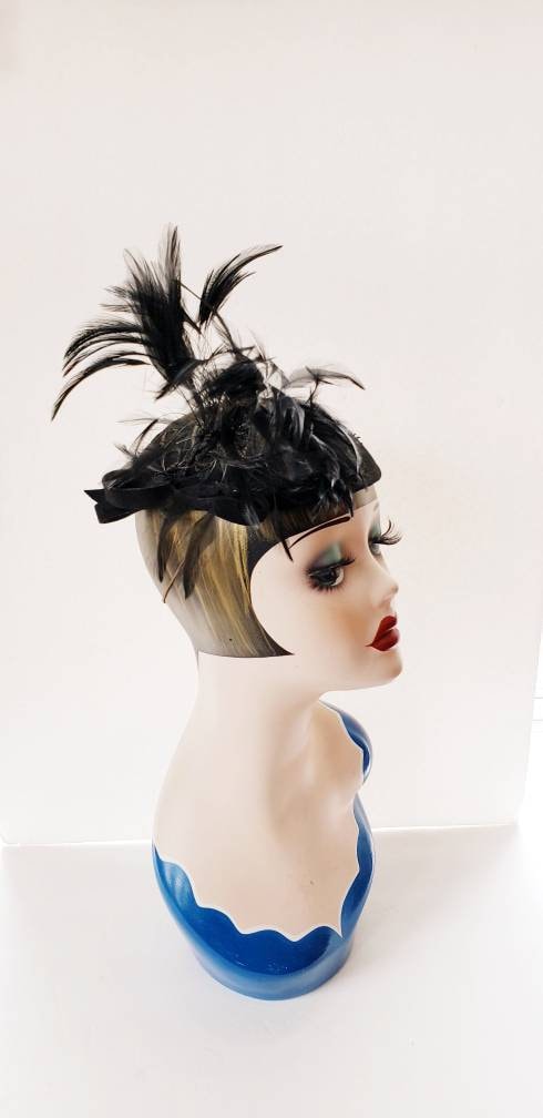 1930s Black Embroidered Cocktail Hat with Asymmetrical Black Feathers / 30s Avant Garde Modernist Evening Hat / Adalene