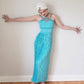 1980s Mary McFadden Evening Dress Pleated Turquoise Beaded Halter Neckline Small