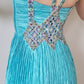 1980s Mary McFadden Evening Dress Pleated Turquoise Beaded Halter Neckline Small
